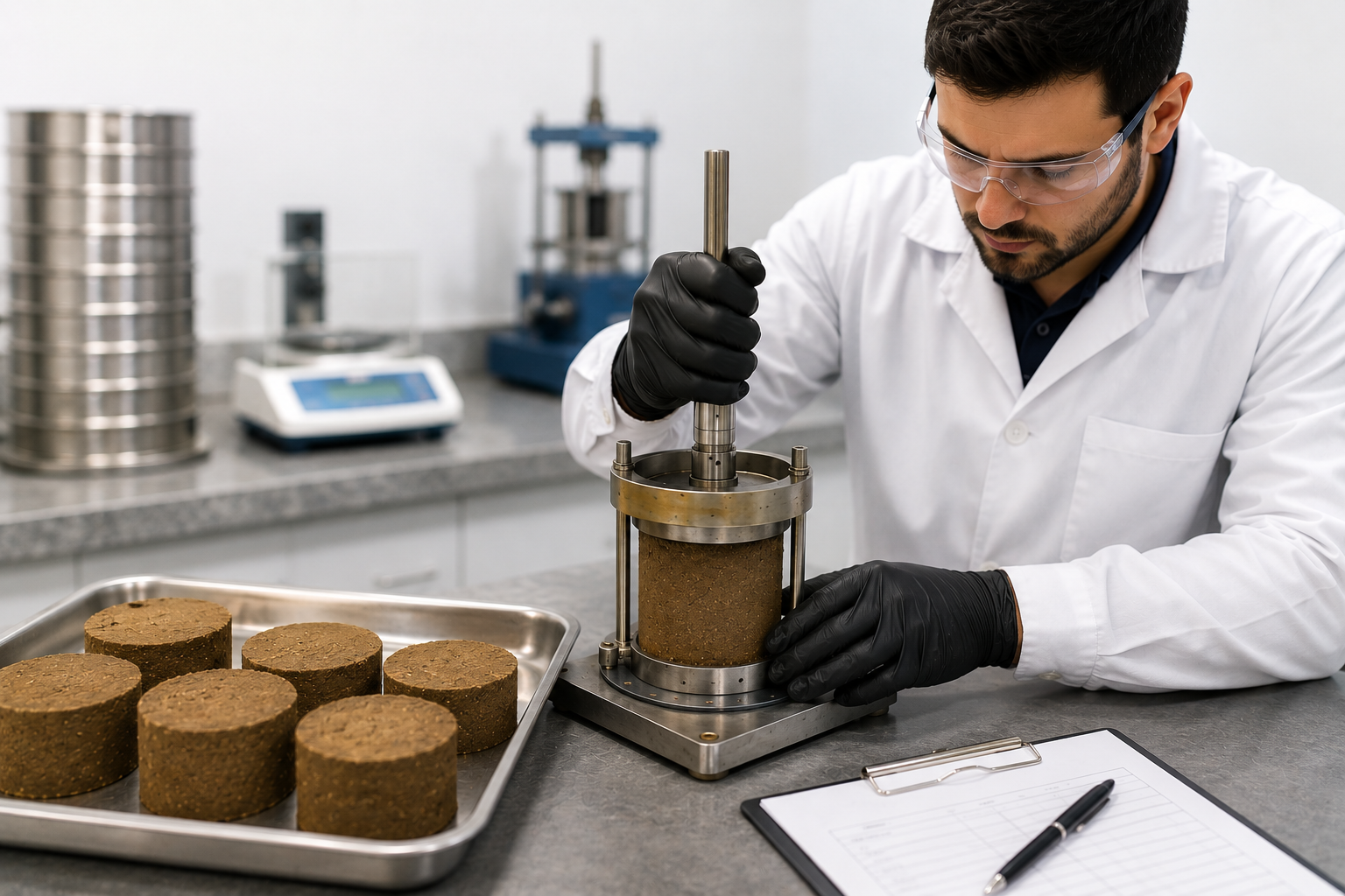 Ensaio físico de compactação de amostra de solo em laboratório