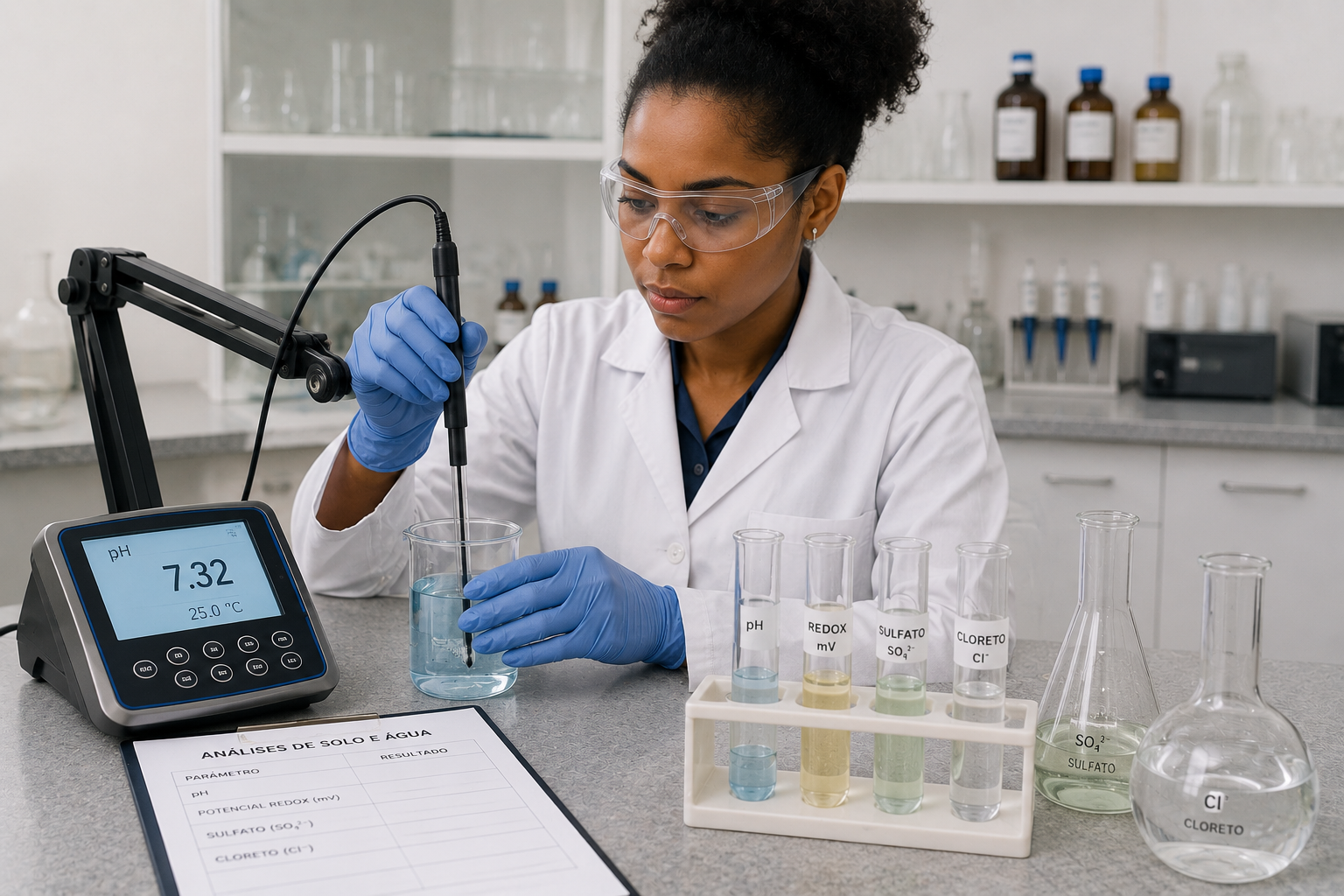 Ensaios químicos de solo e água: pH, potencial redox, sulfato e cloreto