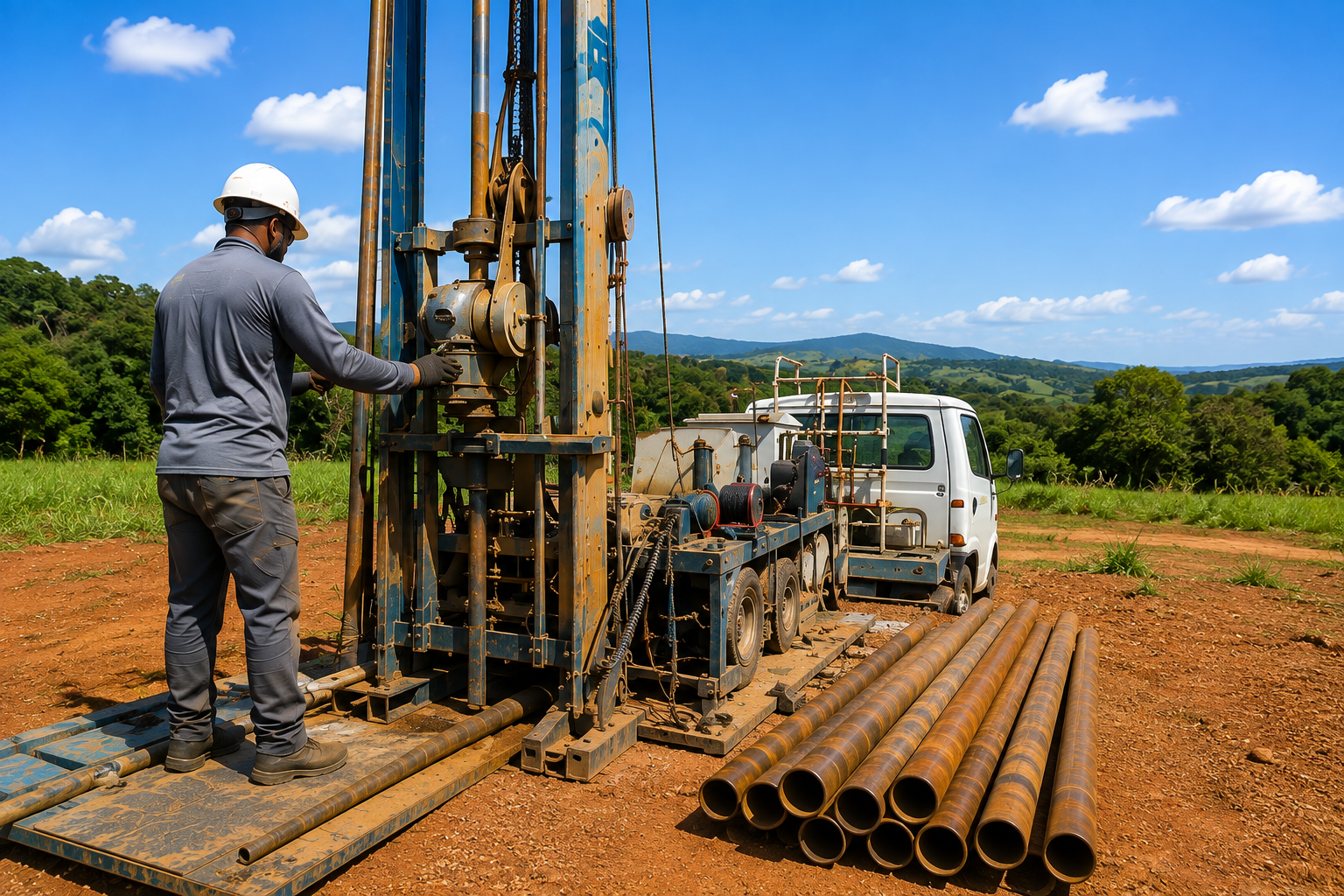 Técnico operando sonda de perfuração em campo